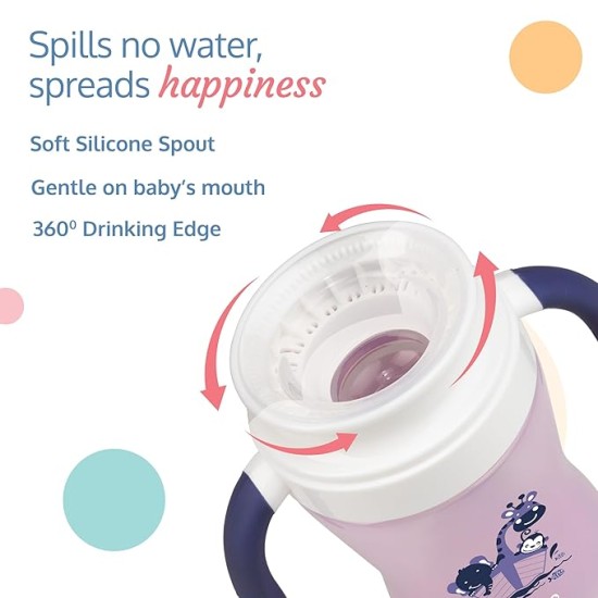LuvLap 360° Soft Spout Baby Trainer Sipper, 240ml, Dual Handle Leakproof & spillproof Sippy Cup for Babies/Toddlers/Kids, Easy-Grip Handles, BPA-Free, Ergonomic Design, Purple
