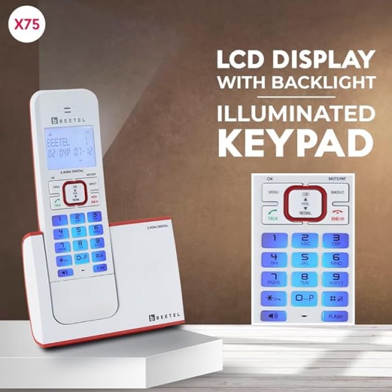 Beetel X75 2.4Ghz Cordless Landline Phone,Dual Mode DTMF/FSK,1 Line 7segment LCD Display & Blue LED Backlit,Illuminated Keypad,2 Way Speaker Phone,6 Step Ringer Volume Control(Red/White)(X75)