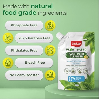 Luvlap Plant Based Liquid Cleanser, Refill pack- 1000ml, With Neem, Lemon & Basil, For Feeding Accessories, Toys, Fruits & Vegetables, 100% Food Grade, Free From Bleach & SLS
