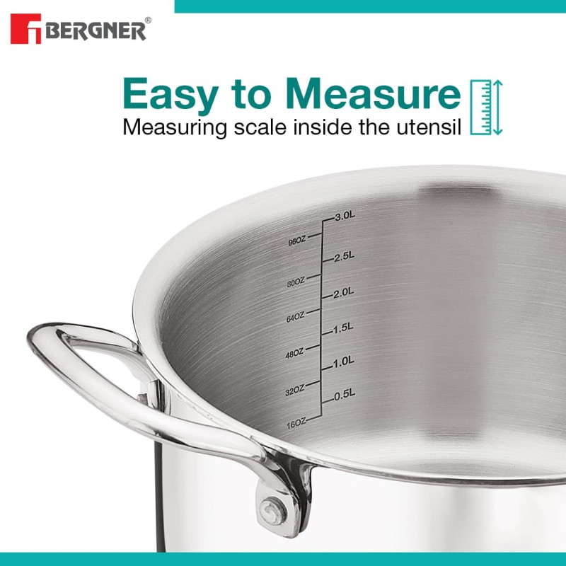 Bergner TriPro TriPly Stainless Steel 7 Pcs Cookware Set - 20cm Deep Kadai (1.5 L), 20cm Sautepan (1.2 L), 16cm Saucepan (1.7 L), 20cm Casserole (3 L), 3 Stainless Steel Lids, Induction Bottom, Silver Bergner TriPro TriPly Stainless Steel 7 Pcs Cookware Set - 20cm Deep Kadai (1.5 L), 20cm Sautepan (1.2 L), 16cm Saucepan (1.7 L), 20cm Casserole (3 L), 3 Stainless Steel Lids, Induction Bottom, Silver