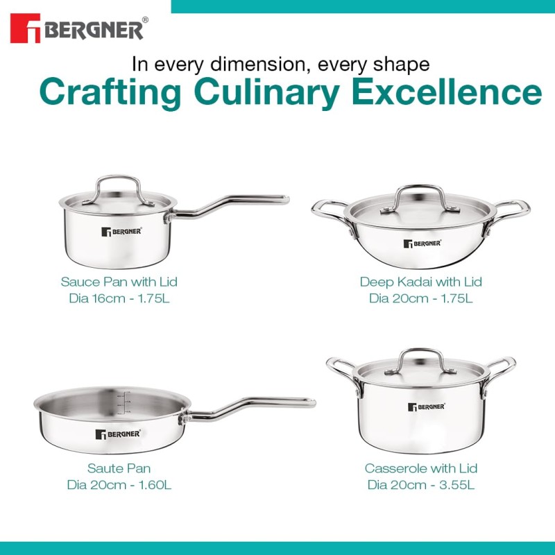Bergner TriPro TriPly Stainless Steel 7 Pcs Cookware Set - 20cm Deep Kadai (1.5 L), 20cm Sautepan (1.2 L), 16cm Saucepan (1.7 L), 20cm Casserole (3 L), 3 Stainless Steel Lids, Induction Bottom, Silver Bergner TriPro TriPly Stainless Steel 7 Pcs Cookware Set - 20cm Deep Kadai (1.5 L), 20cm Sautepan (1.2 L), 16cm Saucepan (1.7 L), 20cm Casserole (3 L), 3 Stainless Steel Lids, Induction Bottom, Silver