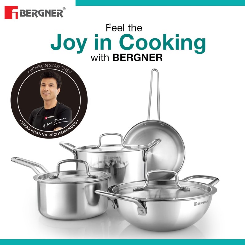 Bergner TriPro TriPly Stainless Steel 7 Pcs Cookware Set - 20cm Deep Kadai (1.5 L), 20cm Sautepan (1.2 L), 16cm Saucepan (1.7 L), 20cm Casserole (3 L), 3 Stainless Steel Lids, Induction Bottom, Silver Bergner TriPro TriPly Stainless Steel 7 Pcs Cookware Set - 20cm Deep Kadai (1.5 L), 20cm Sautepan (1.2 L), 16cm Saucepan (1.7 L), 20cm Casserole (3 L), 3 Stainless Steel Lids, Induction Bottom, Silver