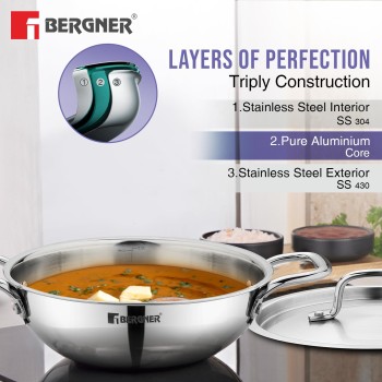 Bergner TriPro TriPly Stainless Steel 7 Pcs Cookware Set - 20cm Deep Kadai (1.5 L), 20cm Sautepan (1.2 L), 16cm Saucepan (1.7 L), 20cm Casserole (3 L), 3 Stainless Steel Lids, Induction Bottom, Silver Bergner TriPro TriPly Stainless Steel 7 Pcs Cookware Set - 20cm Deep Kadai (1.5 L), 20cm Sautepan (1.2 L), 16cm Saucepan (1.7 L), 20cm Casserole (3 L), 3 Stainless Steel Lids, Induction Bottom, Silver