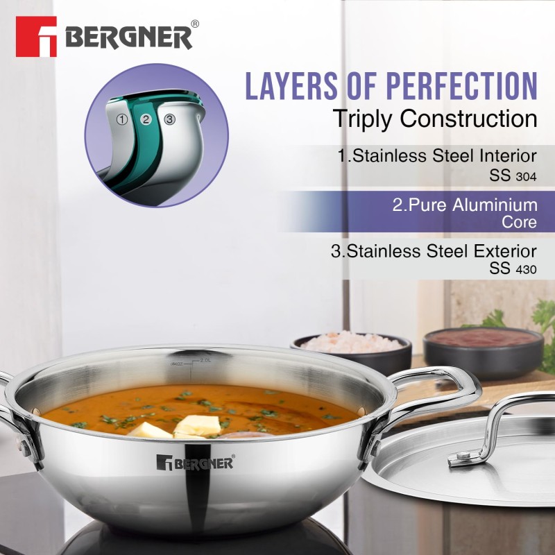 Bergner TriPro TriPly Stainless Steel 7 Pcs Cookware Set - 20cm Deep Kadai (1.5 L), 20cm Sautepan (1.2 L), 16cm Saucepan (1.7 L), 20cm Casserole (3 L), 3 Stainless Steel Lids, Induction Bottom, Silver Bergner TriPro TriPly Stainless Steel 7 Pcs Cookware Set - 20cm Deep Kadai (1.5 L), 20cm Sautepan (1.2 L), 16cm Saucepan (1.7 L), 20cm Casserole (3 L), 3 Stainless Steel Lids, Induction Bottom, Silver