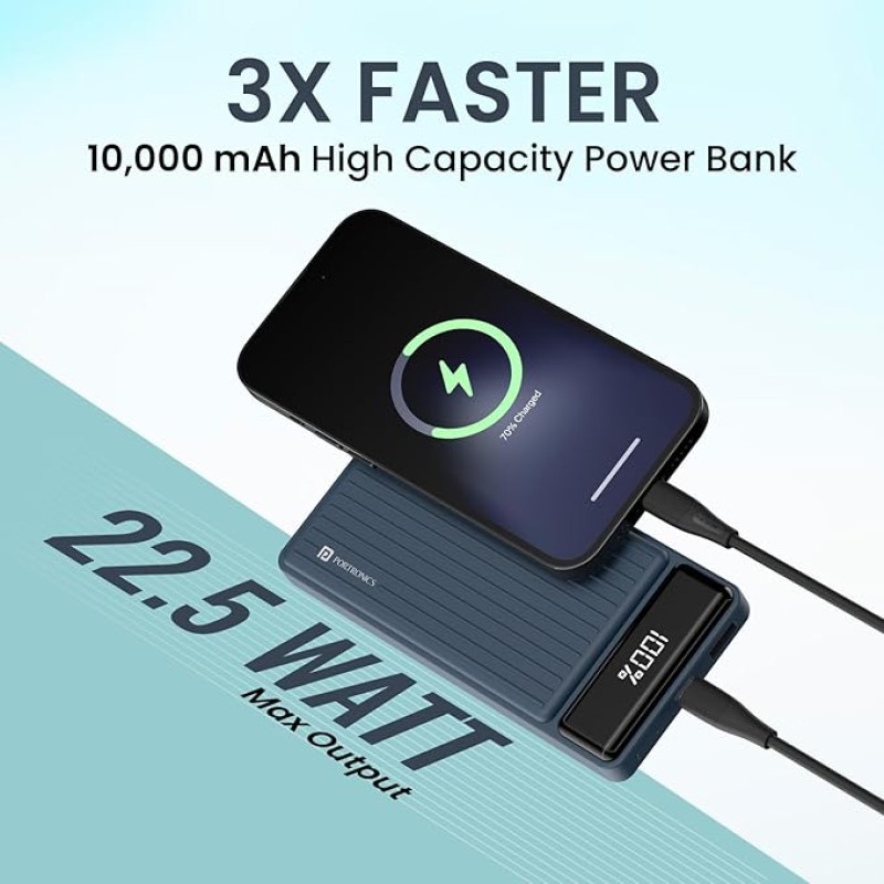 Portronics Luxcell B 10K 10000 mAh 22.5W Fast Charging Power Bank, Ultra Slim Power Bank with Mach USB-A Output, Type C PD Output, Type C Input, Wake Up Button(Dark Blue) Portronics Luxcell B 10K 10000 mAh 22.5W Fast Charging Power Bank, Ultra Slim Power Bank with Mach USB-A Output, Type C PD Output, Type C Input, Wake Up Button(Dark Blue)