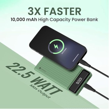 Portronics Luxcell B 10K 10000 mAh 22.5W Fast Charging Power Bank, Ultra Slim Power Bank with Mach USB-A Output, Type C PD Output, Type C Input, Wake Up Button(Green) Portronics Luxcell B 10K 10000 mAh 22.5W Fast Charging Power Bank, Ultra Slim Power Bank with Mach USB-A Output, Type C PD Output, Type C Input, Wake Up Button(Green)