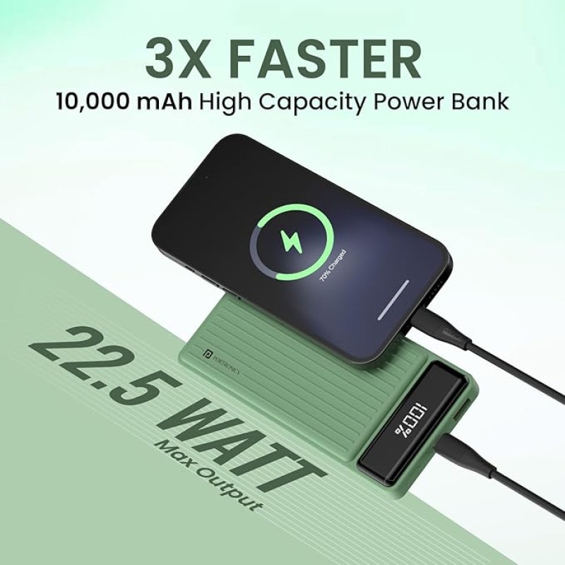 Portronics Luxcell B 10K 10000 mAh 22.5W Fast Charging Power Bank, Ultra Slim Power Bank with Mach USB-A Output, Type C PD Output, Type C Input, Wake Up Button(Green) Portronics Luxcell B 10K 10000 mAh 22.5W Fast Charging Power Bank, Ultra Slim Power Bank with Mach USB-A Output, Type C PD Output, Type C Input, Wake Up Button(Green)