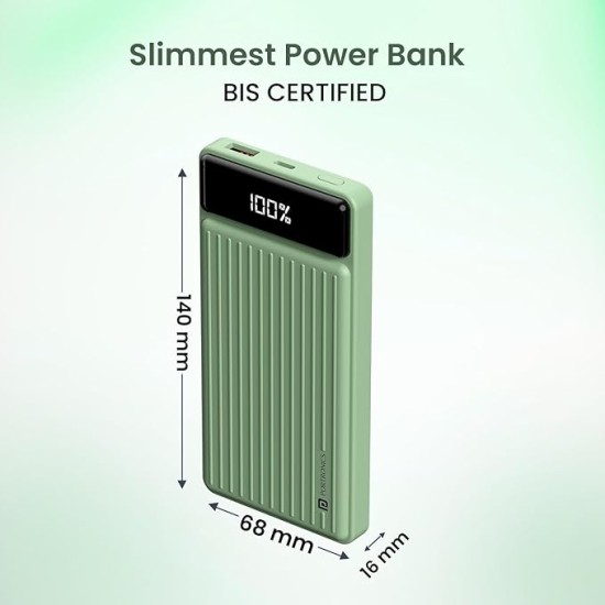 Portronics Luxcell B 10K 10000 mAh 22.5W Fast Charging Power Bank, Ultra Slim Power Bank with Mach USB-A Output, Type C PD Output, Type C Input, Wake Up Button(Green)