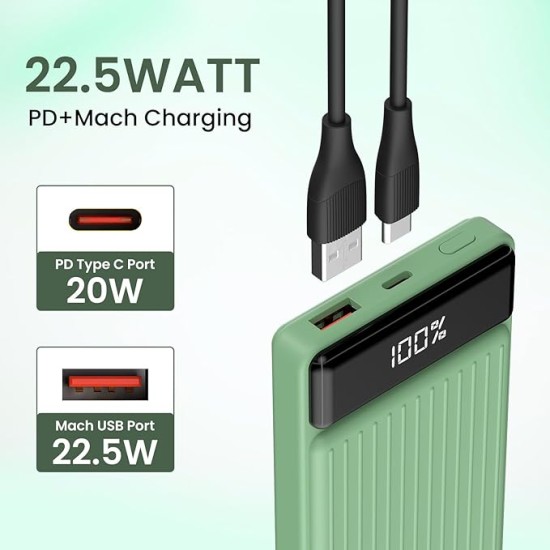 Portronics Luxcell B 10K 10000 mAh 22.5W Fast Charging Power Bank, Ultra Slim Power Bank with Mach USB-A Output, Type C PD Output, Type C Input, Wake Up Button(Green)