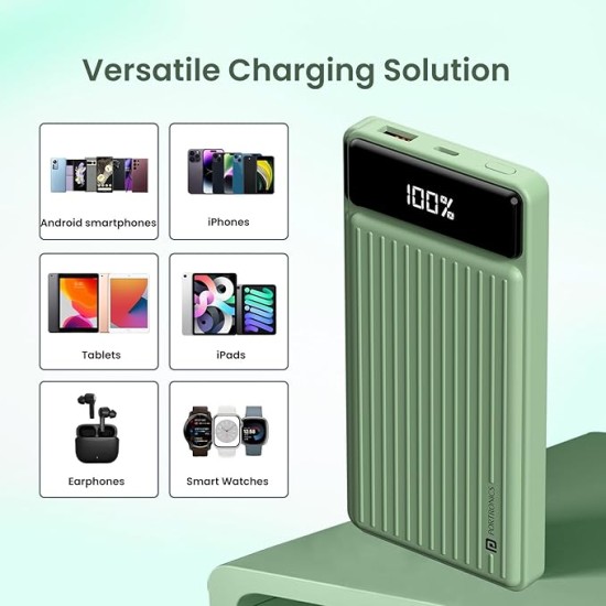Portronics Luxcell B 10K 10000 mAh 22.5W Fast Charging Power Bank, Ultra Slim Power Bank with Mach USB-A Output, Type C PD Output, Type C Input, Wake Up Button(Green)