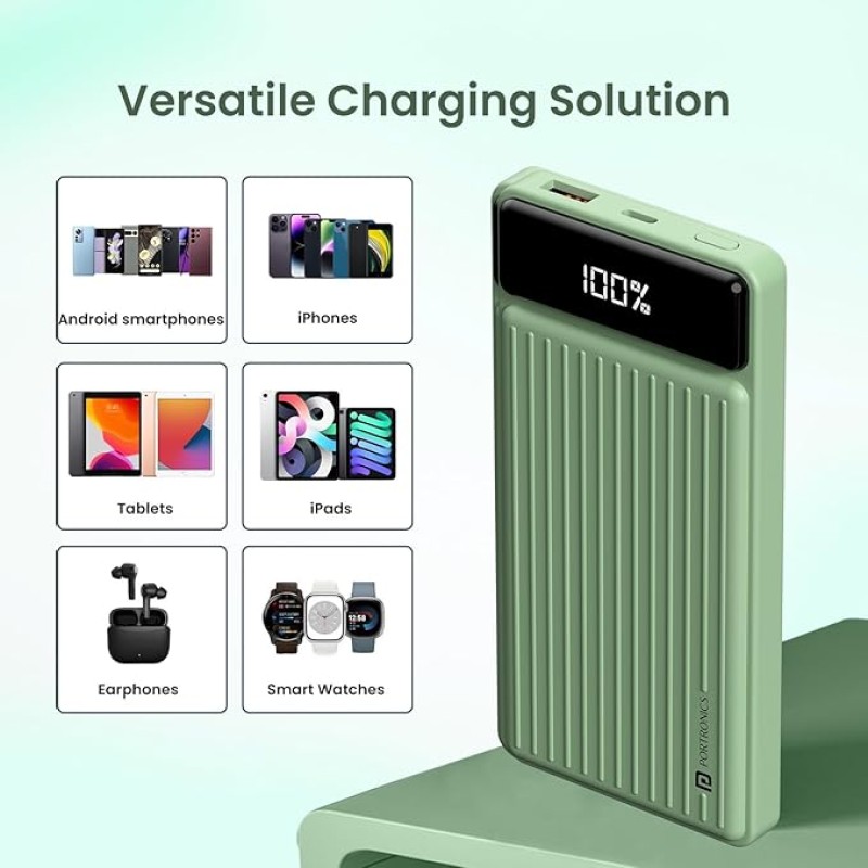 Portronics Luxcell B 10K 10000 mAh 22.5W Fast Charging Power Bank, Ultra Slim Power Bank with Mach USB-A Output, Type C PD Output, Type C Input, Wake Up Button(Green) Portronics Luxcell B 10K 10000 mAh 22.5W Fast Charging Power Bank, Ultra Slim Power Bank with Mach USB-A Output, Type C PD Output, Type C Input, Wake Up Button(Green)