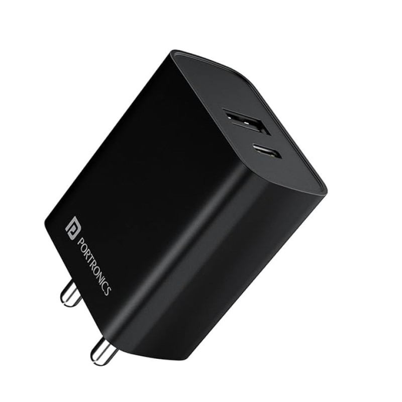 Portronics Adapto 70 33W Fast Charger Adapter with Dual Output (USB + Type C) Supports PPS Charging Via Type C Port, 27W Dash, Warp 27W, Dart, Super Dart 27W(Black) Portronics Adapto 70 33W Fast Charger Adapter with Dual Output (USB + Type C) Supports PPS Charging Via Type C Port, 27W Dash, Warp 27W, Dart, Super Dart 27W(Black)