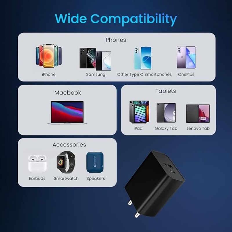 Portronics Adapto 70 33W Fast Charger Adapter with Dual Output (USB + Type C) Supports PPS Charging Via Type C Port, 27W Dash, Warp 27W, Dart, Super Dart 27W(Black) Portronics Adapto 70 33W Fast Charger Adapter with Dual Output (USB + Type C) Supports PPS Charging Via Type C Port, 27W Dash, Warp 27W, Dart, Super Dart 27W(Black)
