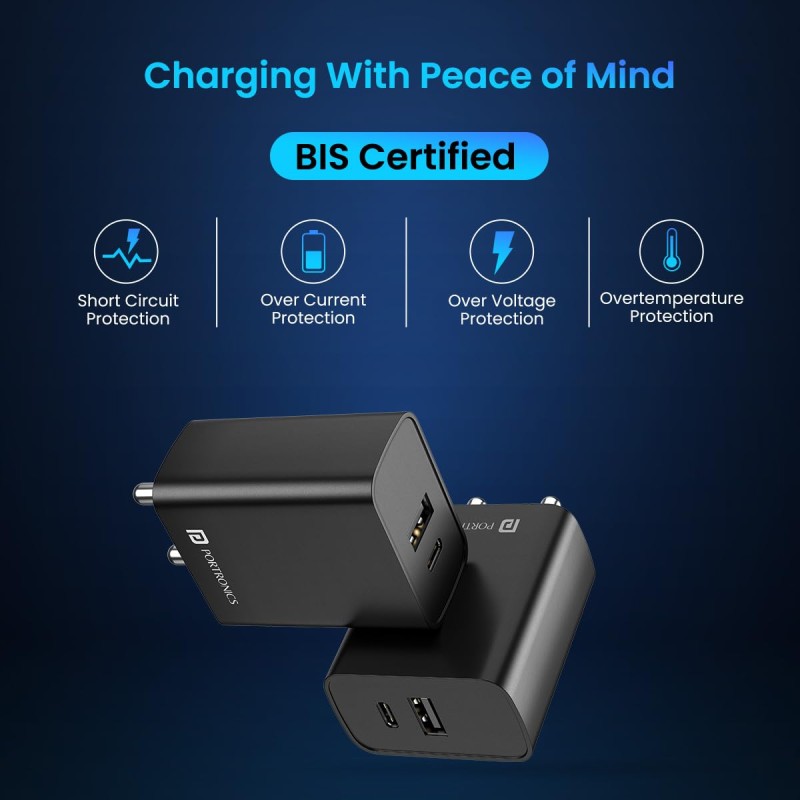 Portronics Adapto 70 33W Fast Charger Adapter with Dual Output (USB + Type C) Supports PPS Charging Via Type C Port, 27W Dash, Warp 27W, Dart, Super Dart 27W(Black) Portronics Adapto 70 33W Fast Charger Adapter with Dual Output (USB + Type C) Supports PPS Charging Via Type C Port, 27W Dash, Warp 27W, Dart, Super Dart 27W(Black)