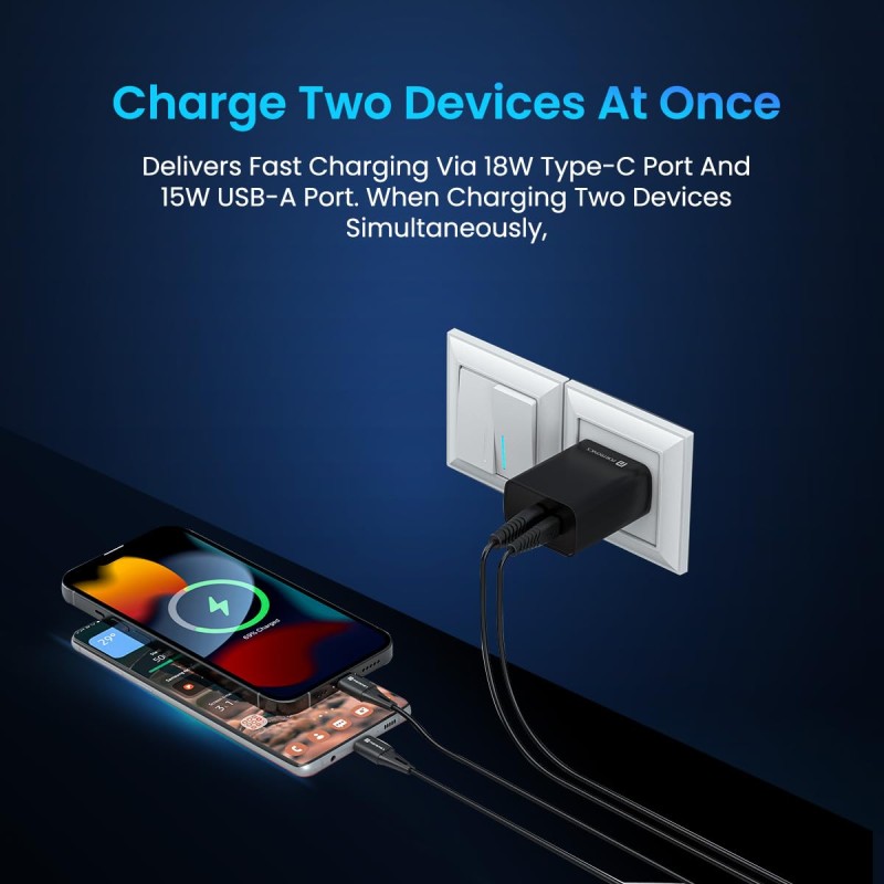Portronics Adapto 70 33W Fast Charger Adapter with Dual Output (USB + Type C) Supports PPS Charging Via Type C Port, 27W Dash, Warp 27W, Dart, Super Dart 27W(Black) Portronics Adapto 70 33W Fast Charger Adapter with Dual Output (USB + Type C) Supports PPS Charging Via Type C Port, 27W Dash, Warp 27W, Dart, Super Dart 27W(Black)