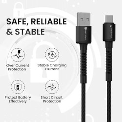 Portronics Konnect X USB to Type C Cable with 3A Output, Fast Charging & Data Transfer, Nylon Braided, Aluminium Alloy Shell, 1M Length compatible with Type C Smartphones(Black)