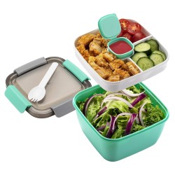 Clazkit Salad Lunch Box Container with Cutlery and Sauce Container with 5 Compartment Bento Style Tray Leak Proof Lunch Box for Food Snack Salad Home Office 1400ml-Pista, Plastic