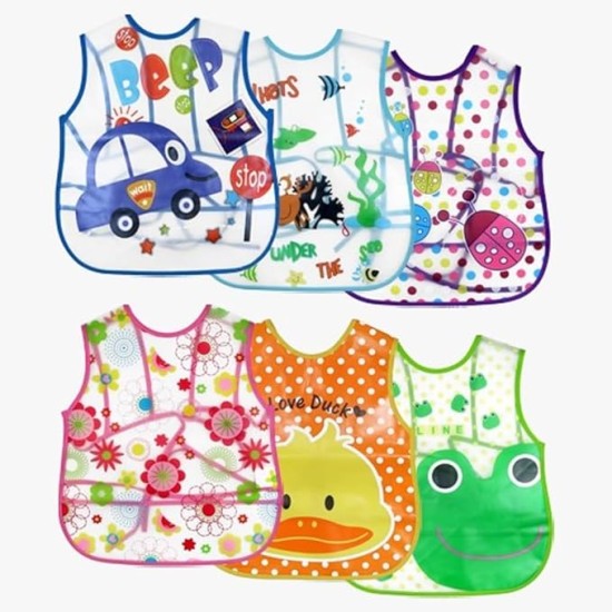 BabyGo Plastic Waterproof Quick Dry Sleeveless Washable Printed Feeding Bibs Apron for New Born Kids & Toddler, Unisex Cute Printed Meal Time Bib Set for Baby Boys & Girls(Pack of 2, Assorted)