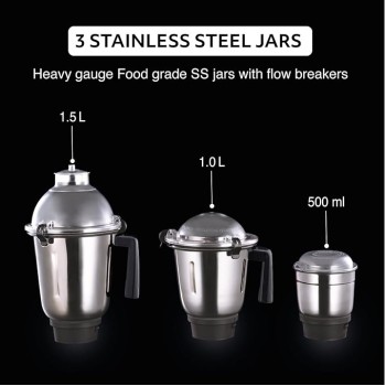 USHA Thunderbolt Pro 1000 Watt with 4 Jars, 100% Copper Ball-Bearing Motor, Handsfree operation, 4 Jars, Fruit Filter, 3-Speed Setting with Inching option, 5 Years Warranty on Motor (Black) USHA Thunderbolt Pro 1000 Watt with 4 Jars, 100% Copper Ball-Bearing Motor, Handsfree operation, 4 Jars, Fruit Filter, 3-Speed Setting with Inching option, 5 Years Warranty on Motor (Black)