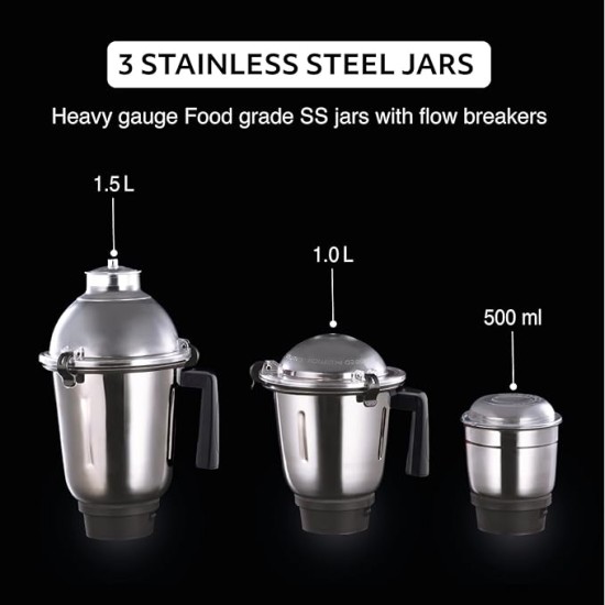 USHA Thunderbolt Pro 1000 Watt with 4 Jars, 100% Copper Ball-Bearing Motor, Handsfree operation, 4 Jars, Fruit Filter, 3-Speed Setting with Inching option, 5 Years Warranty on Motor (Black)