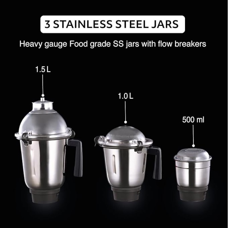 USHA Thunderbolt Pro 1000 Watt with 4 Jars, 100% Copper Ball-Bearing Motor, Handsfree operation, 4 Jars, Fruit Filter, 3-Speed Setting with Inching option, 5 Years Warranty on Motor (Black) USHA Thunderbolt Pro 1000 Watt with 4 Jars, 100% Copper Ball-Bearing Motor, Handsfree operation, 4 Jars, Fruit Filter, 3-Speed Setting with Inching option, 5 Years Warranty on Motor (Black)