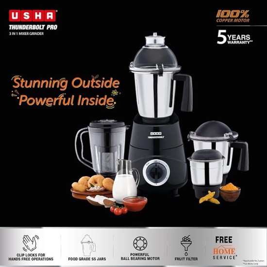 USHA Thunderbolt Pro 1000 Watt with 4 Jars, 100% Copper Ball-Bearing Motor, Handsfree operation, 4 Jars, Fruit Filter, 3-Speed Setting with Inching option, 5 Years Warranty on Motor (Black)