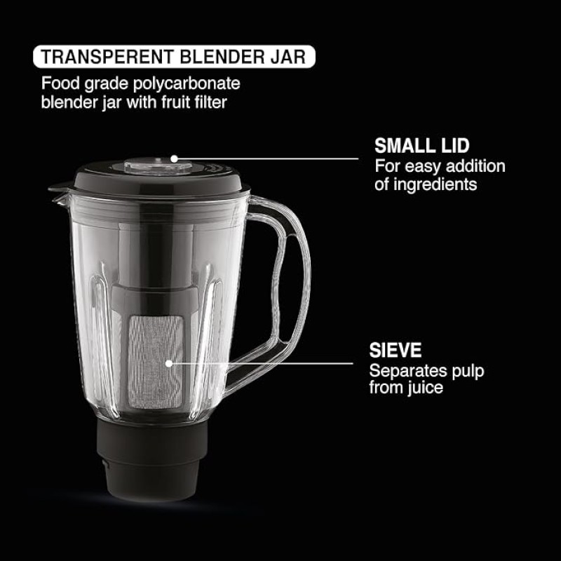 USHA Thunderbolt Pro 1000 Watt with 4 Jars, 100% Copper Ball-Bearing Motor, Handsfree operation, 4 Jars, Fruit Filter, 3-Speed Setting with Inching option, 5 Years Warranty on Motor (Black) USHA Thunderbolt Pro 1000 Watt with 4 Jars, 100% Copper Ball-Bearing Motor, Handsfree operation, 4 Jars, Fruit Filter, 3-Speed Setting with Inching option, 5 Years Warranty on Motor (Black)