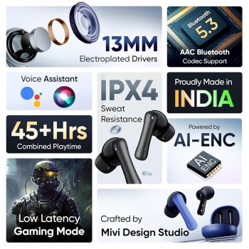 (Refurbished) Mivi DuoPods i2 True Wireless Earbuds - 45H+ Playtime, HD Calls, Fast Charging, 13mm Bass Drivers, IPX4 Sweatproof, v5.3 Bluetooth in Ear Ear Buds Wireless, Made in India (Refurbished) Mivi DuoPods i2 True Wireless Earbuds - 45H+ Playtime, HD Calls, Fast Charging, 13mm Bass Drivers, IPX4 Sweatproof, v5.3 Bluetooth in Ear Ear Buds Wireless, Made in India