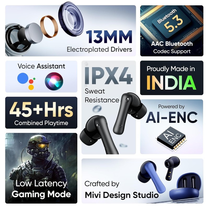 (Refurbished) Mivi DuoPods i2 True Wireless Earbuds - 45H+ Playtime, HD Calls, Fast Charging, 13mm Bass Drivers, IPX4 Sweatproof, v5.3 Bluetooth in Ear Ear Buds Wireless, Made in India (Refurbished) Mivi DuoPods i2 True Wireless Earbuds - 45H+ Playtime, HD Calls, Fast Charging, 13mm Bass Drivers, IPX4 Sweatproof, v5.3 Bluetooth in Ear Ear Buds Wireless, Made in India