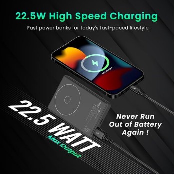 Portronics Luxcell Wireless Mini 10k 10000mAh 15W Magnetic Wireless Fast Charging Nano Power Bank with 22.5 Wired Output Compatible with iPhone 12 & Above & Other QI Enabled Devices(Black)