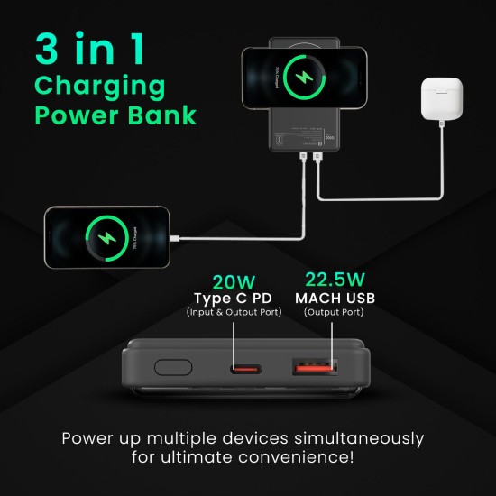 Portronics Luxcell Wireless Mini 10k 10000mAh 15W Magnetic Wireless Fast Charging Nano Power Bank with 22.5 Wired Output Compatible with iPhone 12 & Above & Other QI Enabled Devices(Black)