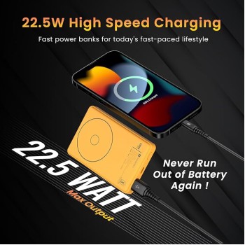 Portronics Luxcell Wireless Mini 10k 10000mAh 15W Magnetic Wireless Fast Charging Nano Power Bank with 22.5 Wired Output Compatible with iPhone 12 & Above & Other QI Enabled Devices(Yellow) Portronics Luxcell Wireless Mini 10k 10000mAh 15W Magnetic Wireless Fast Charging Nano Power Bank with 22.5 Wired Output Compatible with iPhone 12 & Above & Other QI Enabled Devices(Yellow)
