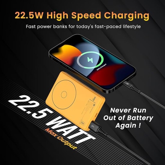 Portronics Luxcell Wireless Mini 10k 10000mAh 15W Magnetic Wireless Fast Charging Nano Power Bank with 22.5 Wired Output Compatible with iPhone 12 & Above & Other QI Enabled Devices(Yellow)