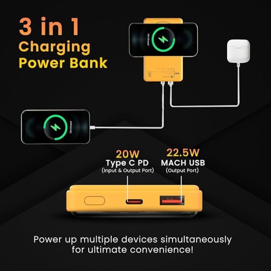 Portronics Luxcell Wireless Mini 10k 10000mAh 15W Magnetic Wireless Fast Charging Nano Power Bank with 22.5 Wired Output Compatible with iPhone 12 & Above & Other QI Enabled Devices(Yellow)