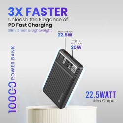Portronics Luxcell Mini 10K Advanced 10000 mAh Nano Power Bank with 22.5W Max Output, LED Indicator, Mach USB-A Output, Type C PD Output, Type C Input, Wake Up Button(Black)