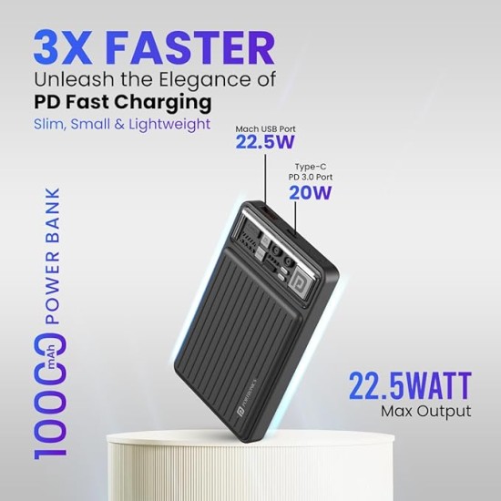 Portronics Luxcell Mini 10K Advanced 10000 mAh Nano Power Bank with 22.5W Max Output, LED Indicator, Mach USB-A Output, Type C PD Output, Type C Input, Wake Up Button(Black)