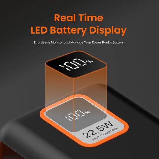 Portronics Ampbox 10K 10000 mAh Nano Power Bank with 22.5W Fast Charging, Digital Display, Dual Output(Type C PD + USB), Type C Input, Wake Up Button(Black)