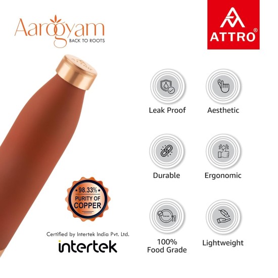 Attro Setu 1000ml Copper Bottle Matte Finish Authentic Bottle Improve Your Immunity, Brain, Nervous System & Healthy Skin Natural Ayurveda Benefits-Rust Orange