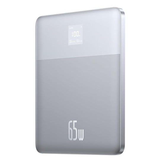 Baseus Blade2 12000mAh 65W Fast-Charging Power Bank – Ultra Slim with Digital Display, Dual Type-C PD Output – Horizon Silver (with 100W Type-C Cable)