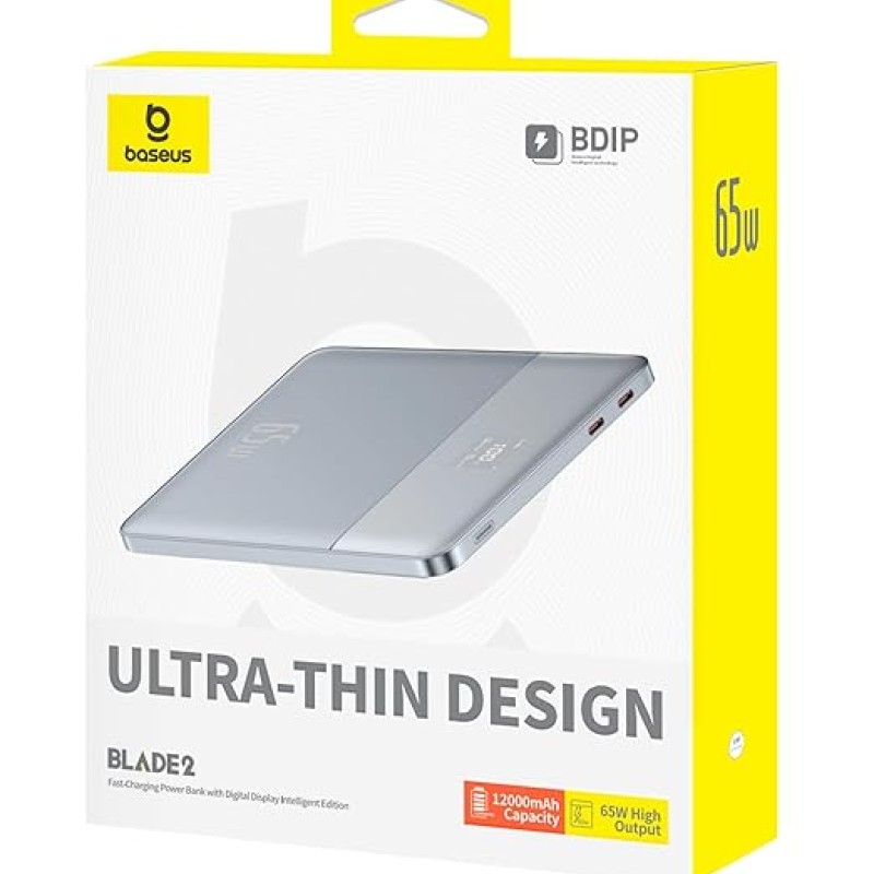 Baseus Blade2 12000mAh 65W Fast-Charging Power Bank � Ultra Slim with Digital Display, Dual Type-C PD Output � Horizon Silver (with 100W Type-C Cable) Baseus Blade2 12000mAh 65W Fast-Charging Power Bank � Ultra Slim with Digital Display, Dual Type-C PD Output � Horizon Silver (with 100W Type-C Cable)