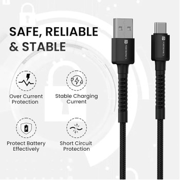 Portronics Konnect X 3A Unbreakable Nylon Braided USB to Type C Fast Charging Cable 2M Long, Supports All Type C Smartphones and Devices(Black) Portronics Konnect X 3A Unbreakable Nylon Braided USB to Type C Fast Charging Cable 2M Long, Supports All Type C Smartphones and Devices(Black)