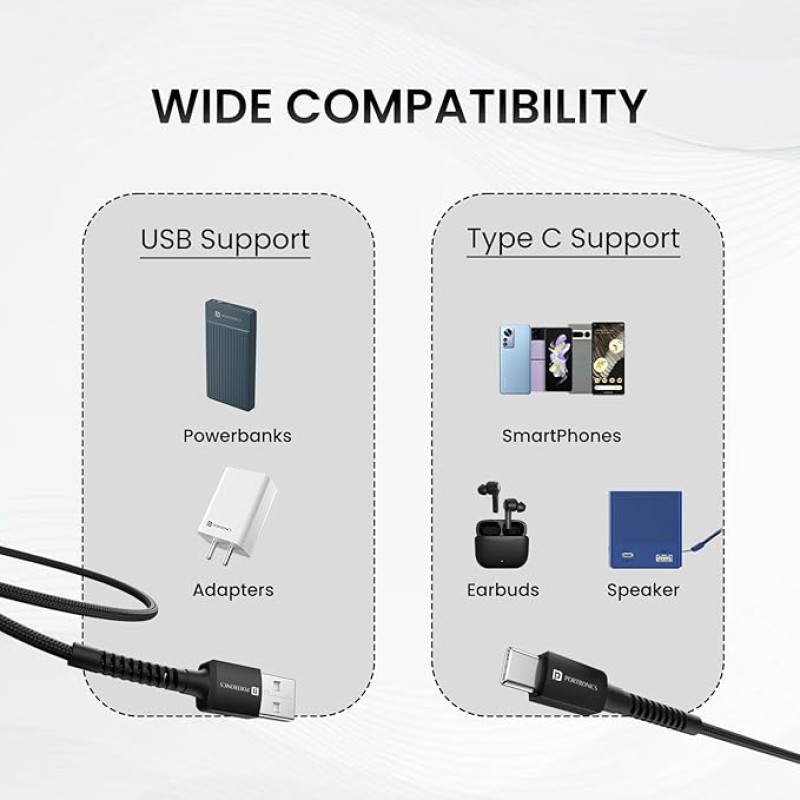 Portronics Konnect X 3A Unbreakable Nylon Braided USB to Type C Fast Charging Cable 2M Long, Supports All Type C Smartphones and Devices(Black) Portronics Konnect X 3A Unbreakable Nylon Braided USB to Type C Fast Charging Cable 2M Long, Supports All Type C Smartphones and Devices(Black)