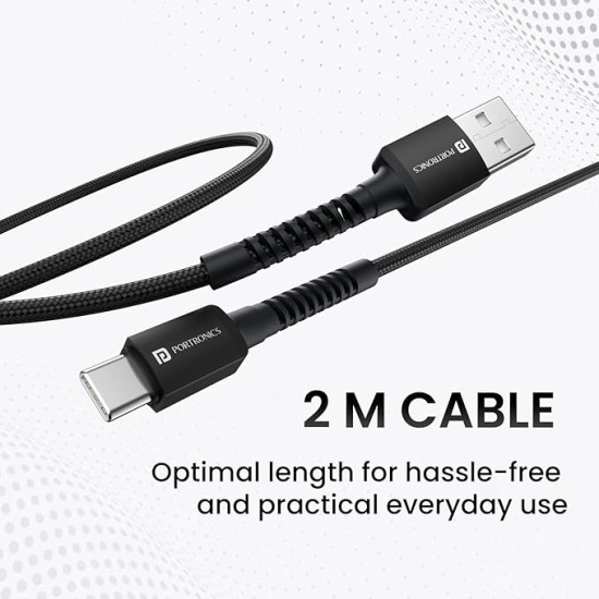 Portronics Konnect X 3A Unbreakable Nylon Braided USB to Type C Fast Charging Cable 2M Long, Supports All Type C Smartphones and Devices(Black)