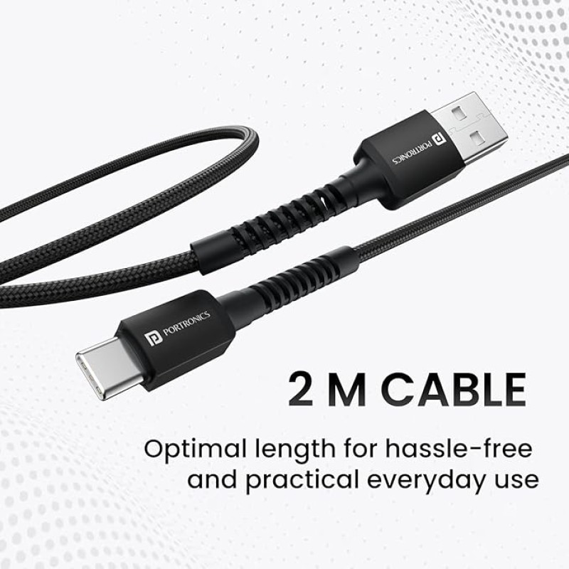 Portronics Konnect X 3A Unbreakable Nylon Braided USB to Type C Fast Charging Cable 2M Long, Supports All Type C Smartphones and Devices(Black) Portronics Konnect X 3A Unbreakable Nylon Braided USB to Type C Fast Charging Cable 2M Long, Supports All Type C Smartphones and Devices(Black)