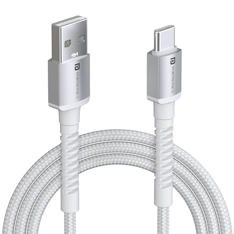 Portronics Konnect X 3A Unbreakable Nylon Braided USB to Type C Fast Charging Cable 2M Long, Supports All Type C Smartphones and Devices(White)