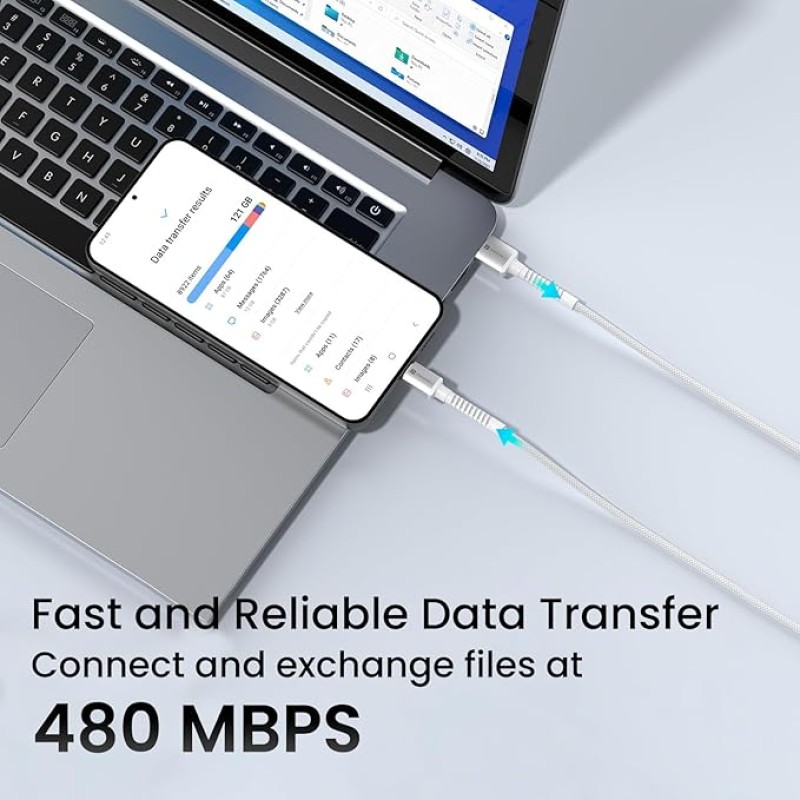 Portronics Konnect X 3A Unbreakable Nylon Braided USB to Type C Fast Charging Cable 2M Long, Supports All Type C Smartphones and Devices(White)