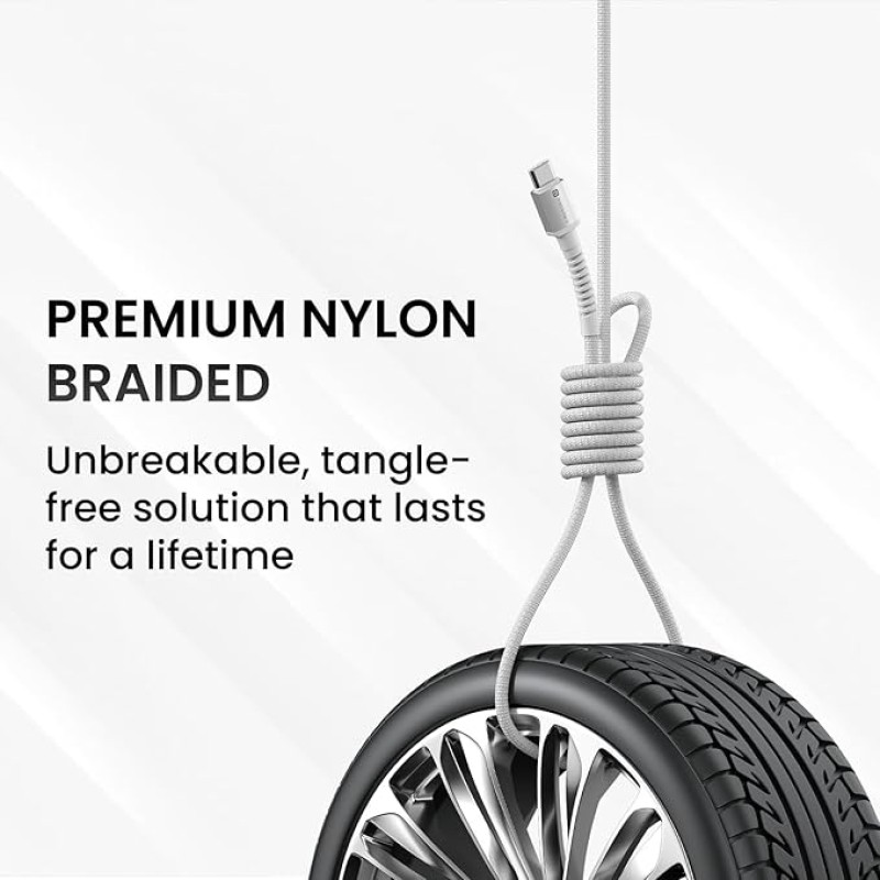 Portronics Konnect X 3A Unbreakable Nylon Braided USB to Type C Fast Charging Cable 2M Long, Supports All Type C Smartphones and Devices(White)