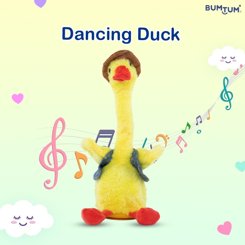 Bumtum Dancing & Talking Duck Theme Character Toy, Wriggle & Singing for Babies & Kids, Plush Musical Electronic Toys, Voice Recording Repeats (Yellow) - 1 Count