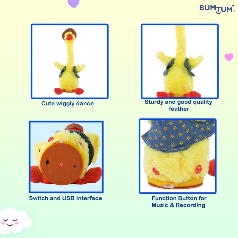 Bumtum Dancing & Talking Duck Theme Character Toy, Wriggle & Singing for Babies & Kids, Plush Musical Electronic Toys, Voice Recording Repeats (Yellow) - 1 Count