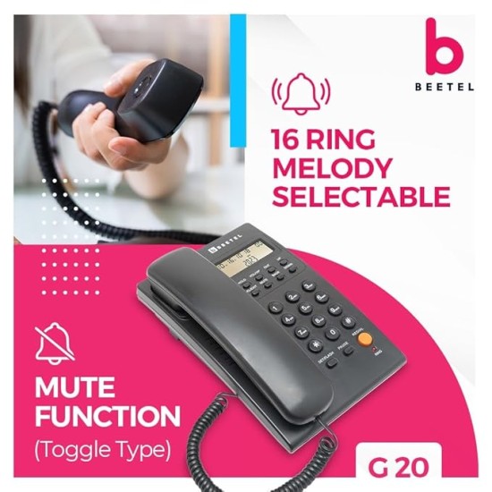 Beetel G20,TEC Certified,Caller ID Phone LCD Display, Ringer LED, DTMF/FSK Compatible, Adjustable Handset/Ringer Volume,Music on Hold,Desk/Wall Mountable,3 Level LCD Contrast,Alarm(Black)